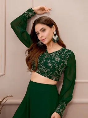 Dark Green Georgette Embroidered Top With Skirt Set